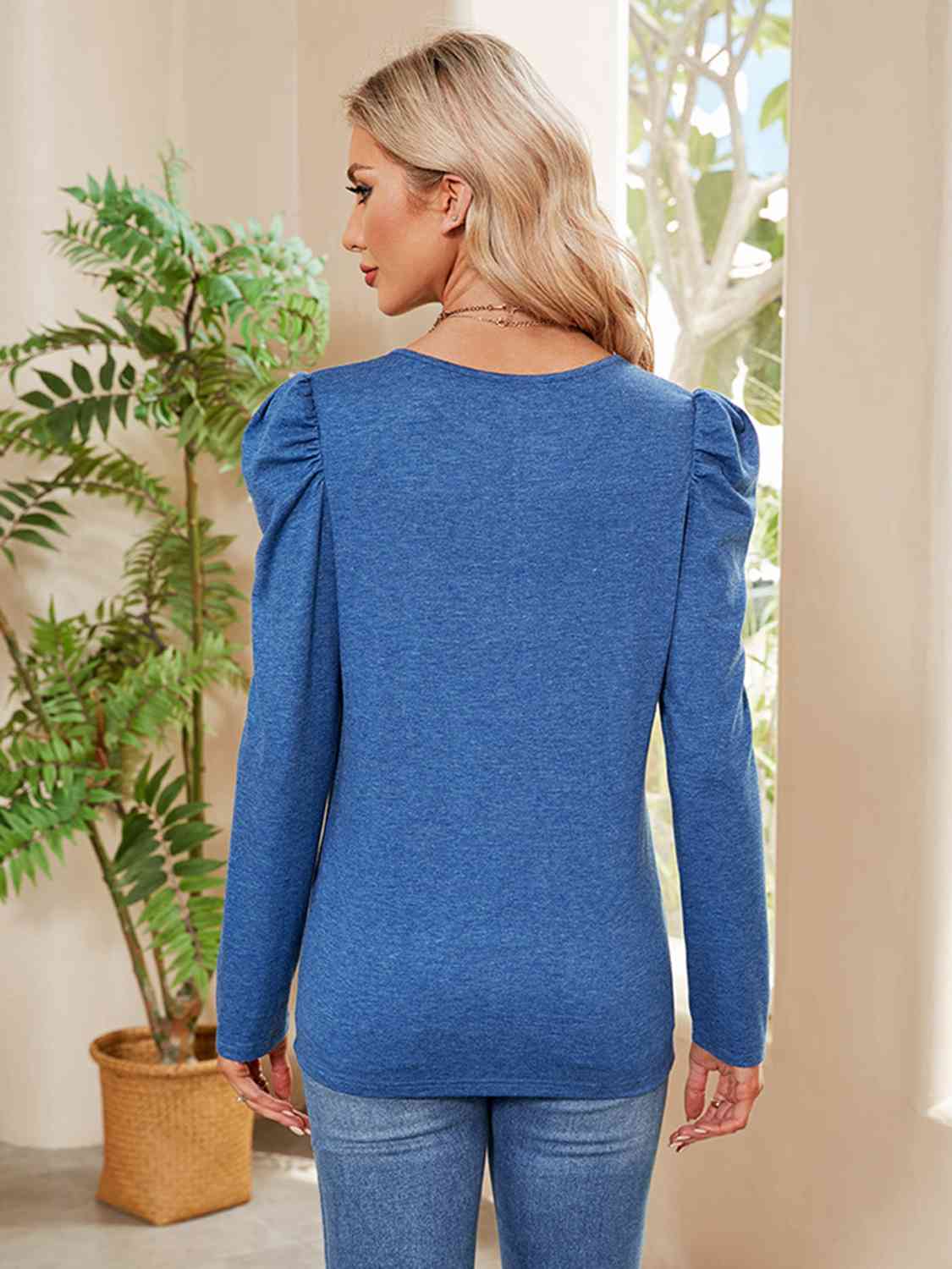 Buttoned Round Neck Puff Sleeve T-Shirt - By Baano
