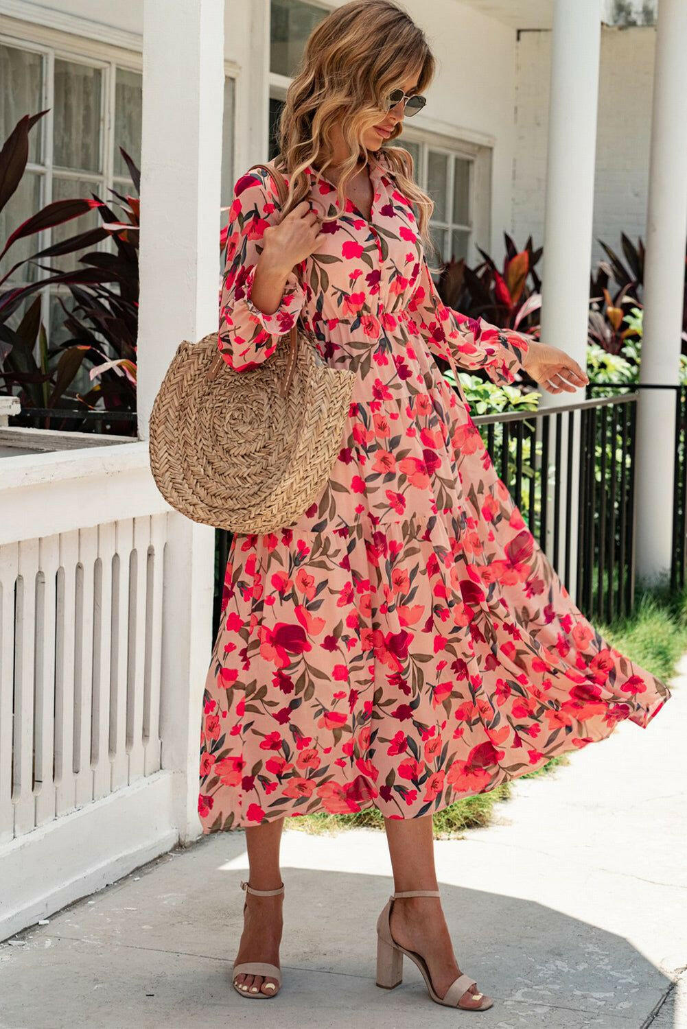 Floral Tie Neck Flounce Sleeve Tiered Dress - By Baano