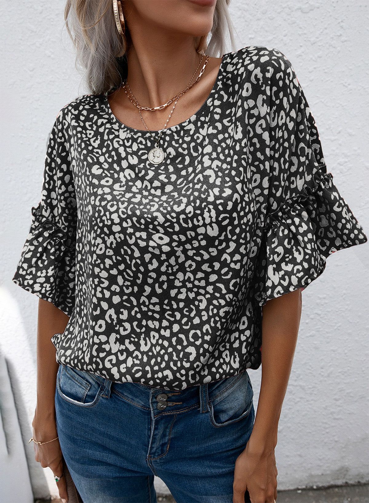 Leopard Round Neck Frill Trim Blouse - By Baano