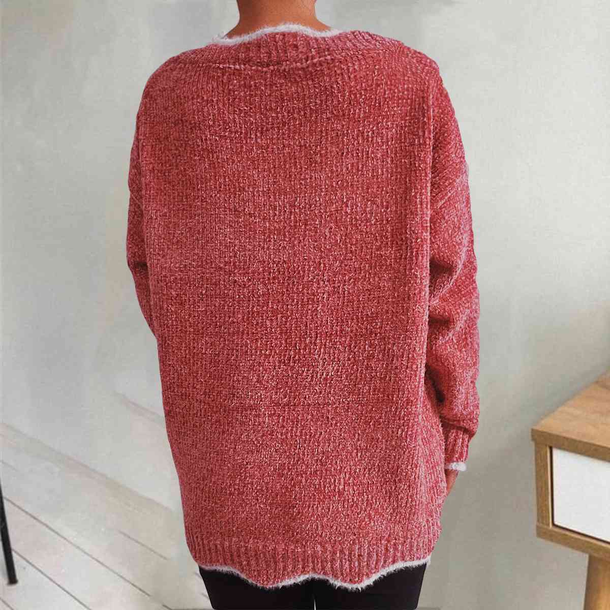 V-Neck Drop Shoulder Long Sleeve Sweater - By Baano