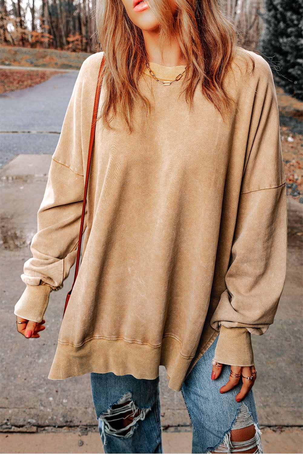 Dropped Shoulder Round Neck Long Sleeve Blouse.
