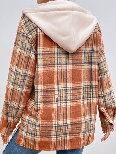 Plaid Button Up Drawstring Hooded Jacket