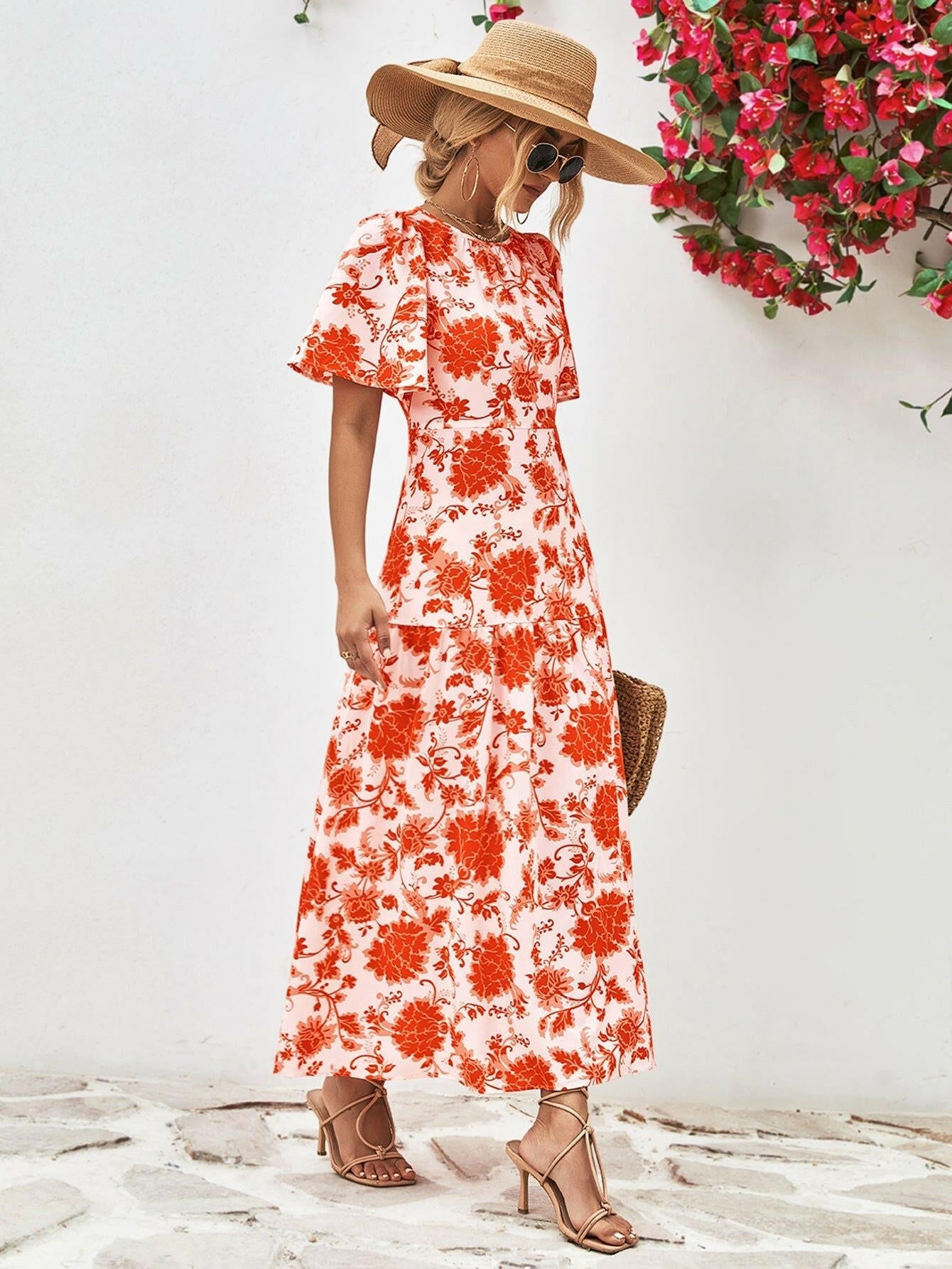 Floral Round Neck Tied Open Back Dress.