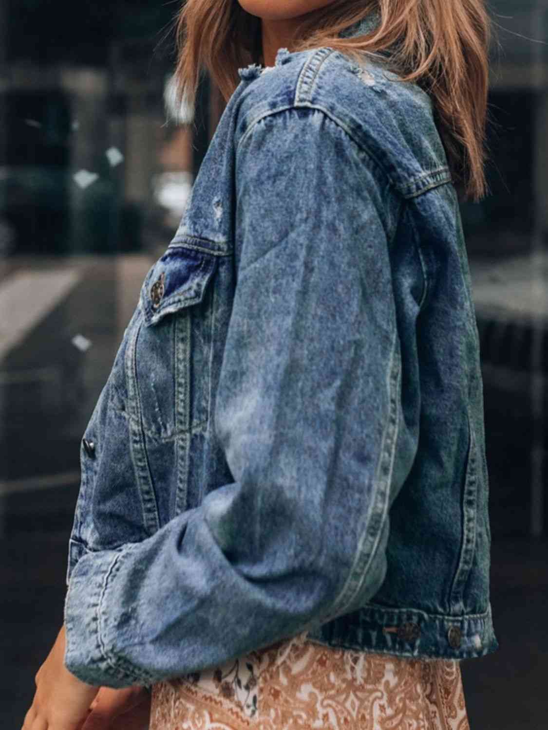 Button Up Collared Neck Distressed Denim Jacket - By Baano