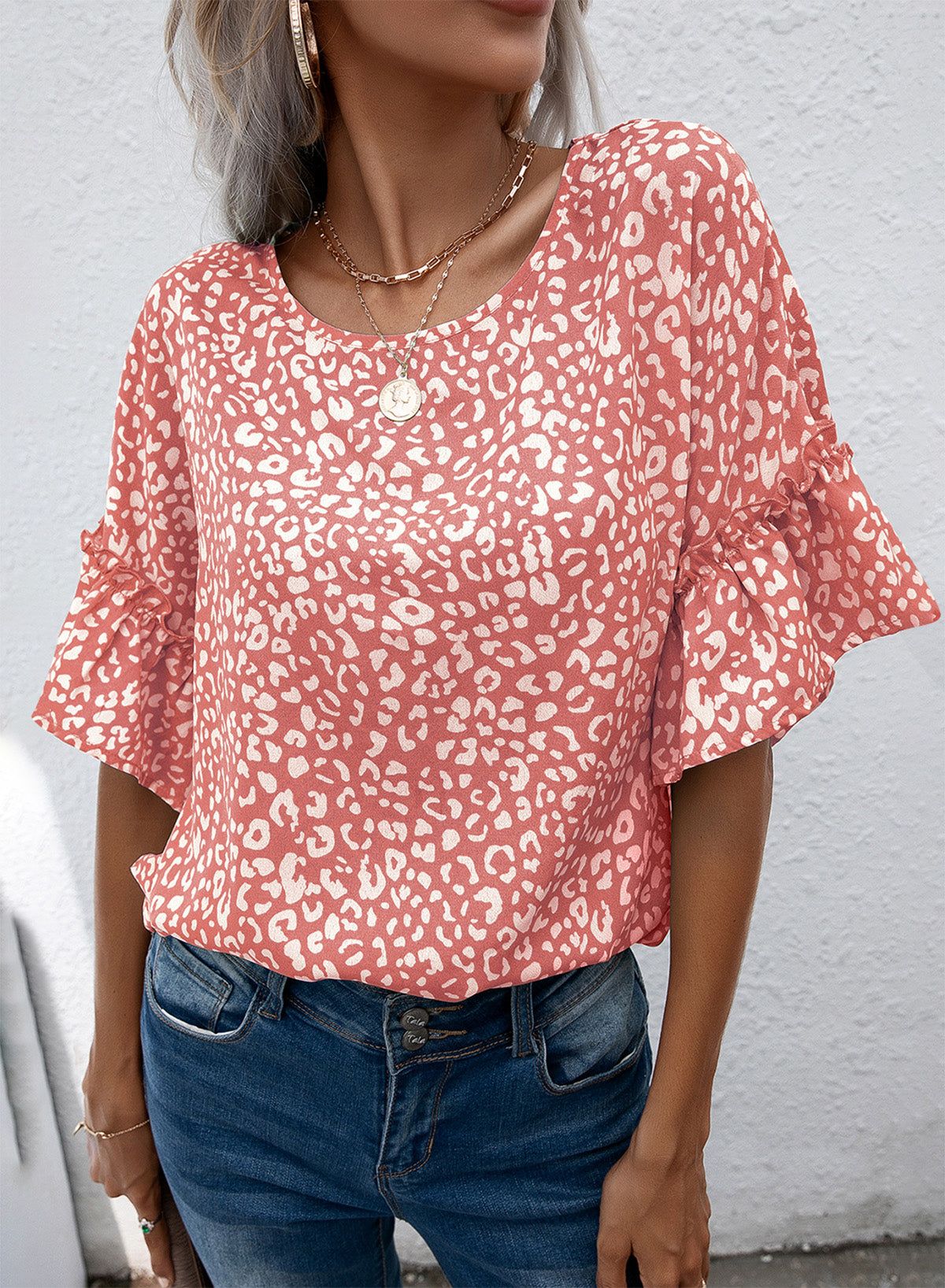 Leopard Round Neck Frill Trim Blouse - By Baano