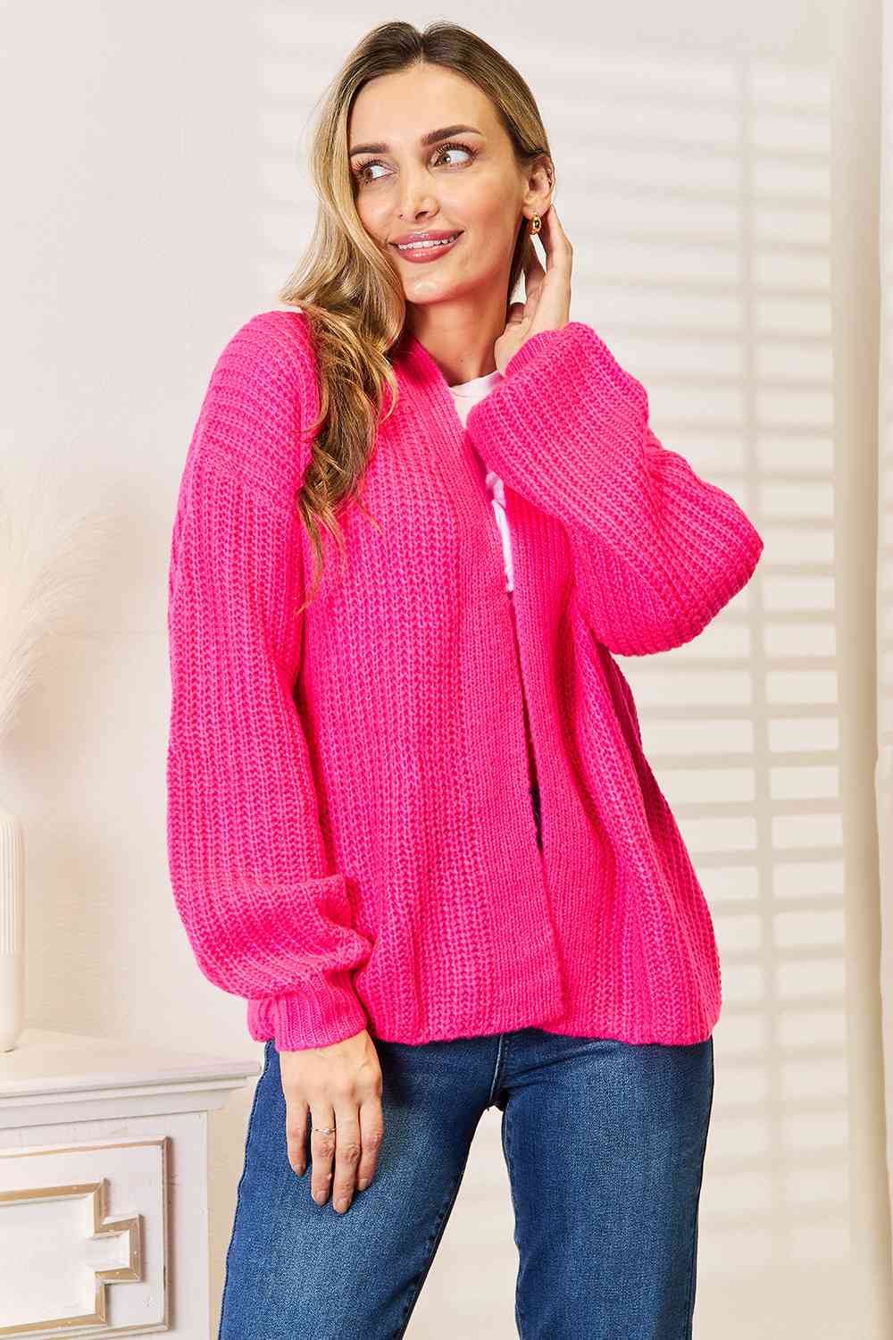 Woven Right Rib-Knit Open Front Drop Shoulder Cardigan - By Baano