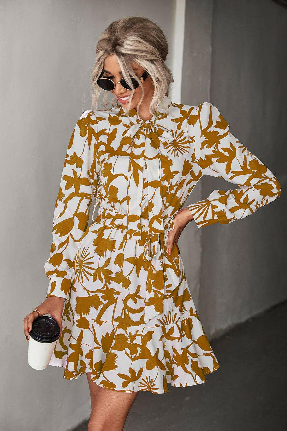 Floral Tie Neck Belted Puff Sleeve Dress.