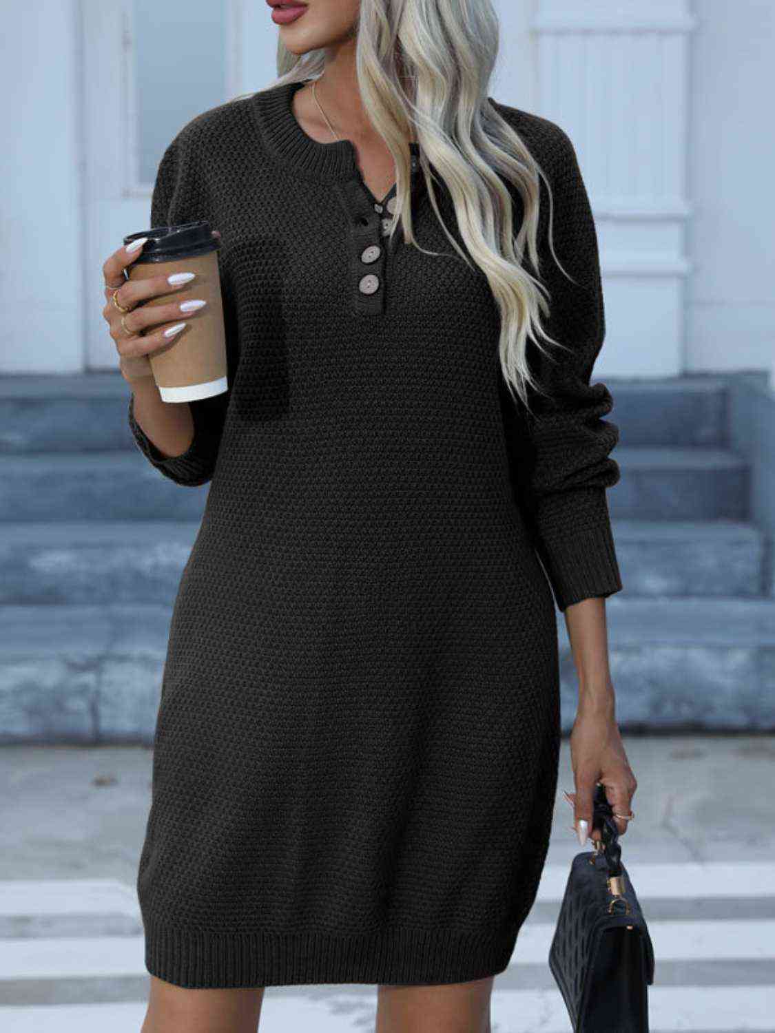 Buttoned Round Neck Long Sleeve Sweater Dress - By Baano