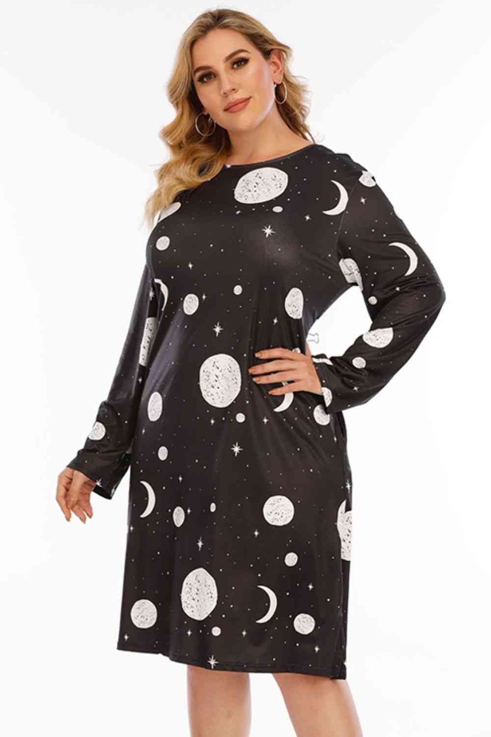 Plus Size Moon & Star Print Round Neck Dress - By Baano