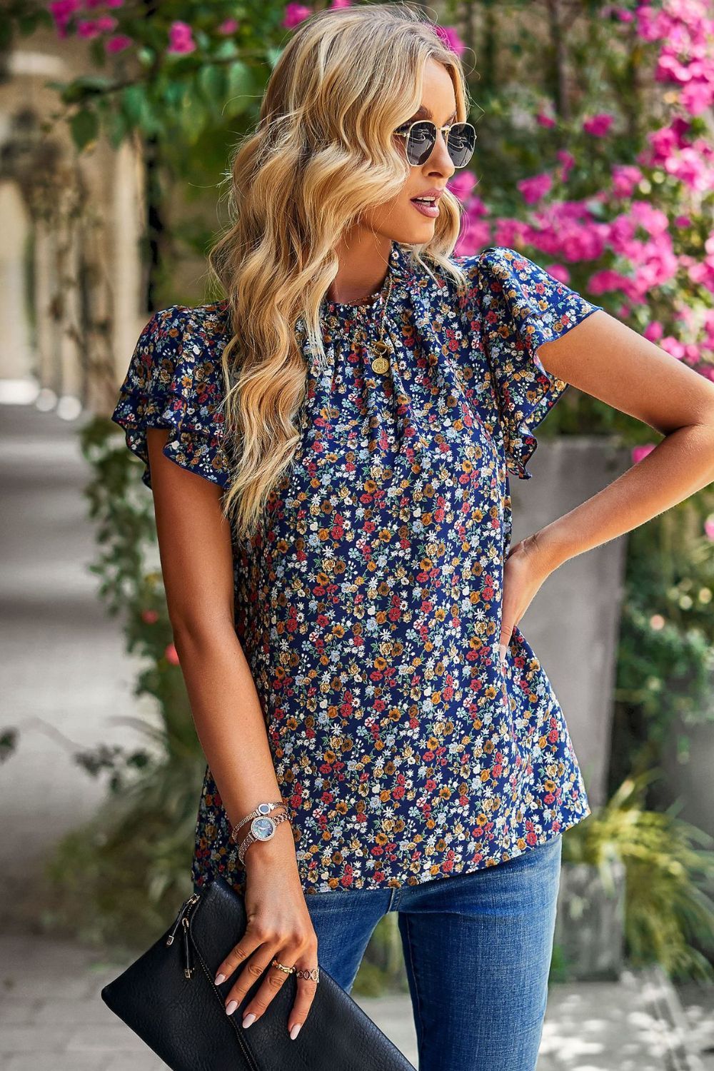 Floral Round Neck Flutter Sleeve Blouse - By Baano