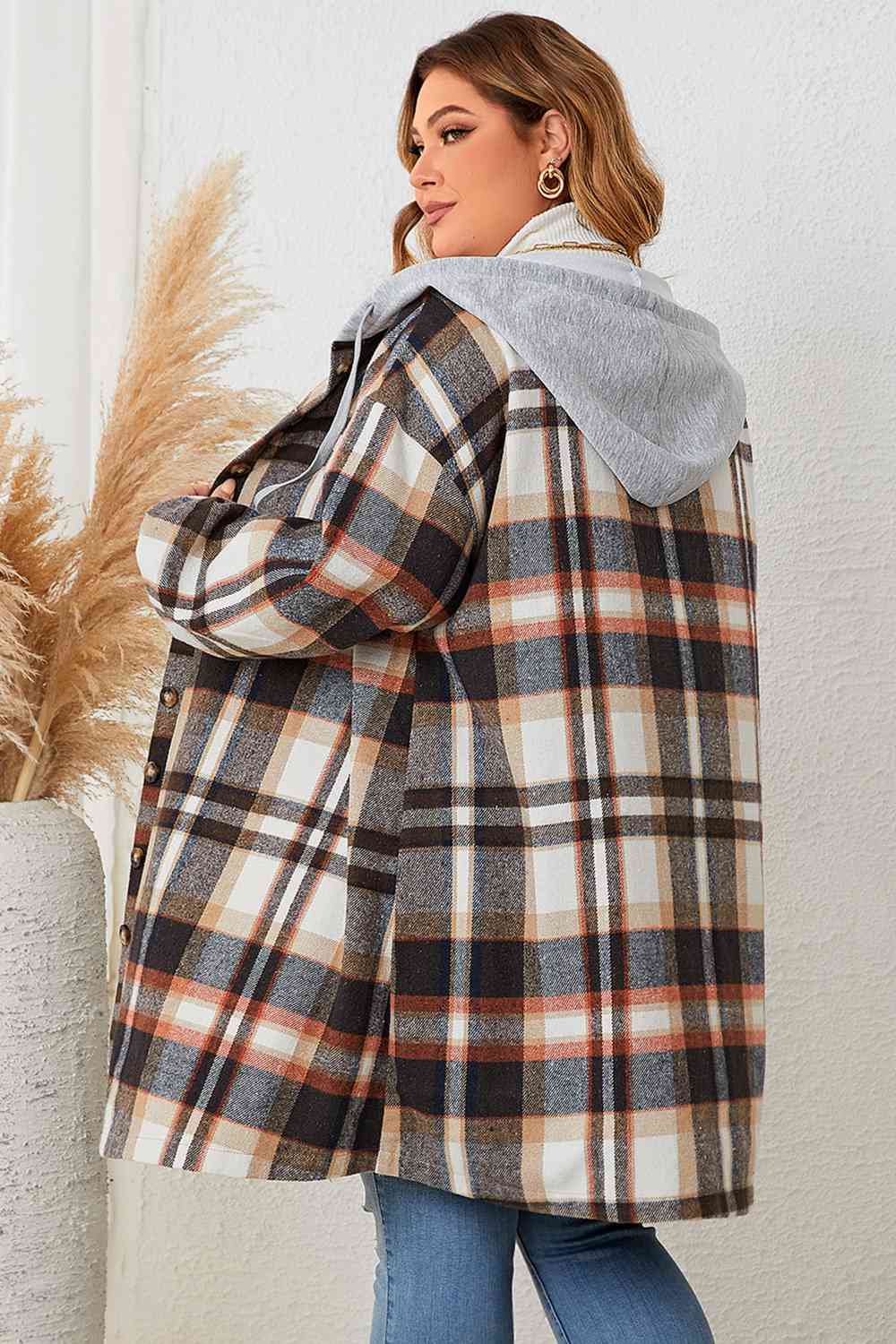 Plus Size Plaid Drop Shoulder Hooded Coat - By Baano