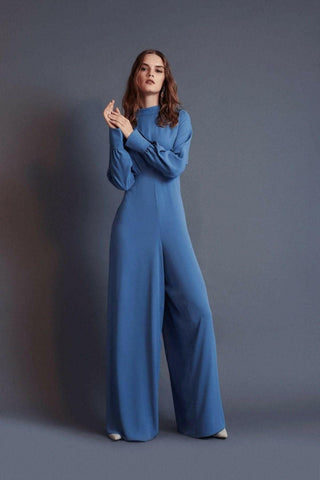 Draped Lisa Gathered High Waist Jumpsuit Blue -Modest Rompers - By Baano