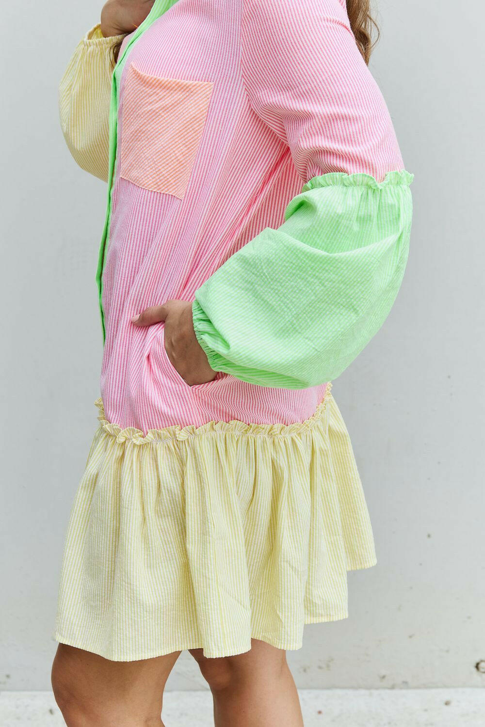 Davi & Dani Flying Colors Full Size Colorblock Long Sleeve Shirt Dress - By Baano