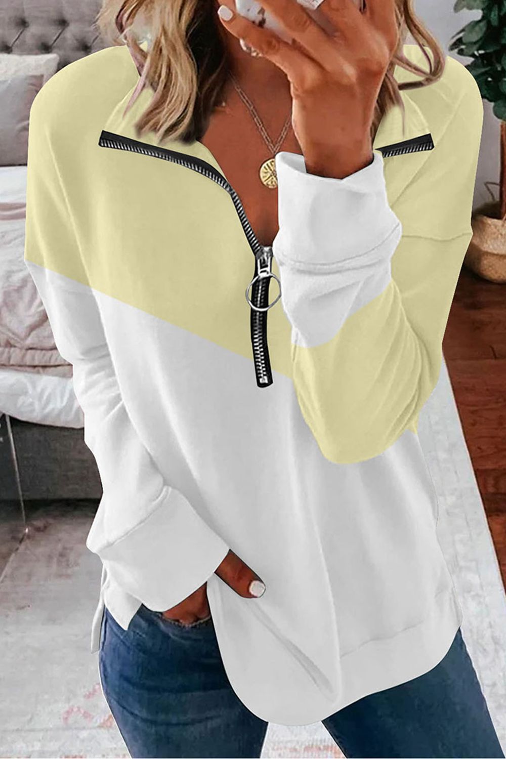 Contrast Zip-Up Collared Neck Dropped Shoulder Blouse - By Baano