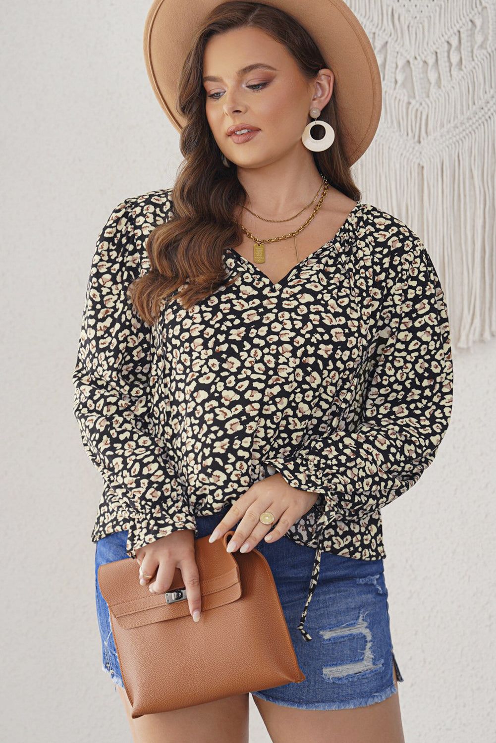Plus Size Floral Flounce Sleeve Tie-Neck Blouse - By Baano