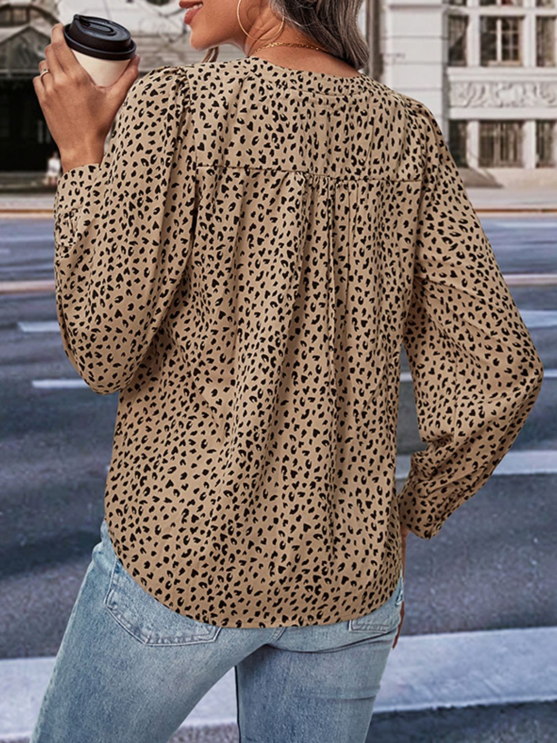 Leopard Notched Neck Puff Sleeve Blouse - By Baano