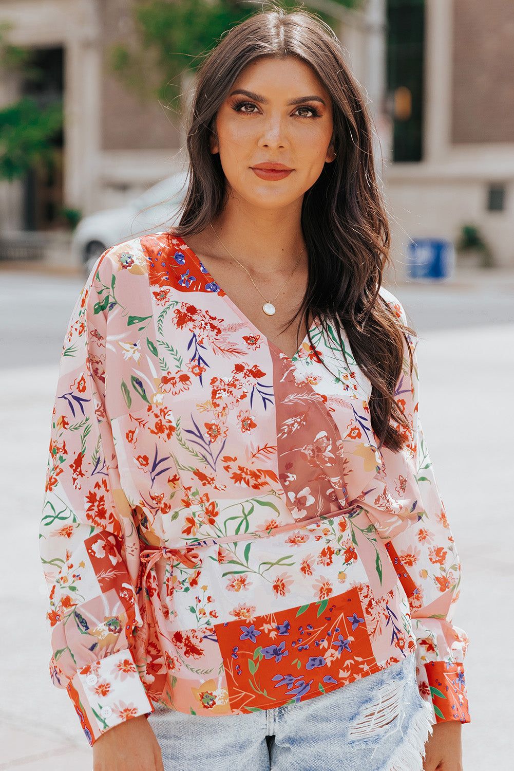 Floral Belted Surplice Blouse - By Baano
