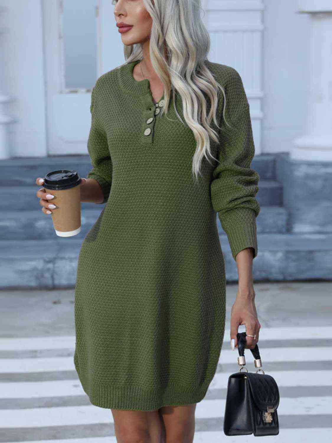 Buttoned Round Neck Long Sleeve Sweater Dress - By Baano