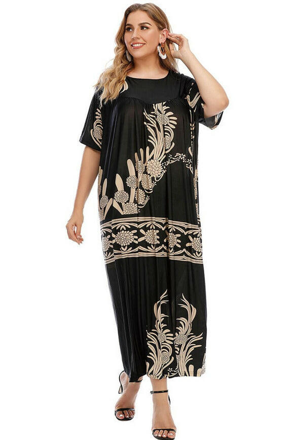 Plus Size Floral Round Neck Half Sleeve Maxi Dress - By Baano