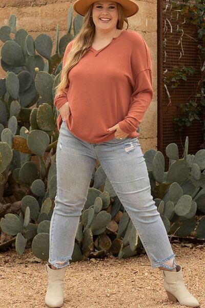 Plus Size Notched Long Sleeve T-Shirt - By Baano