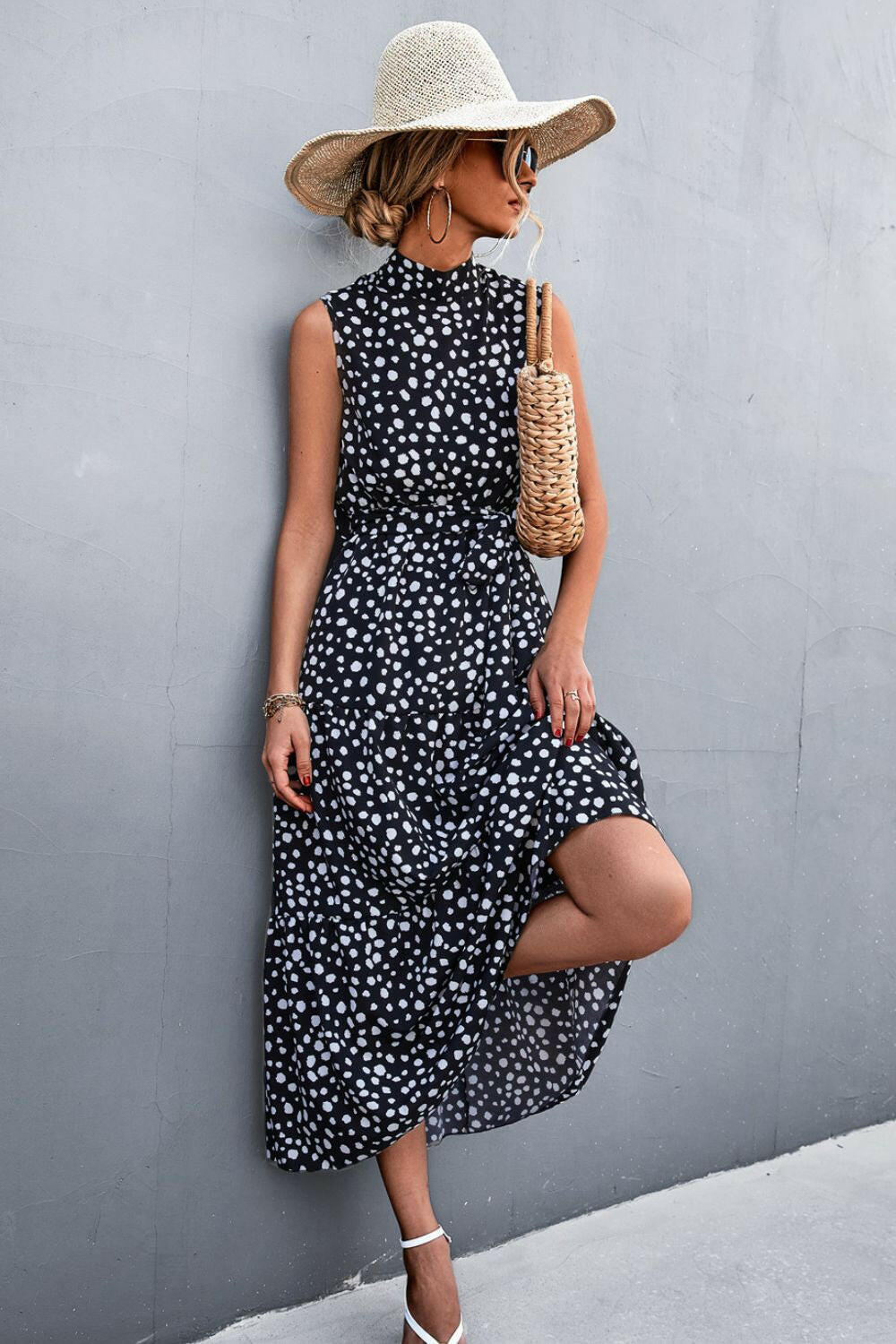 Printed Mock Neck Sleeveless Belted Tiered Dress.
