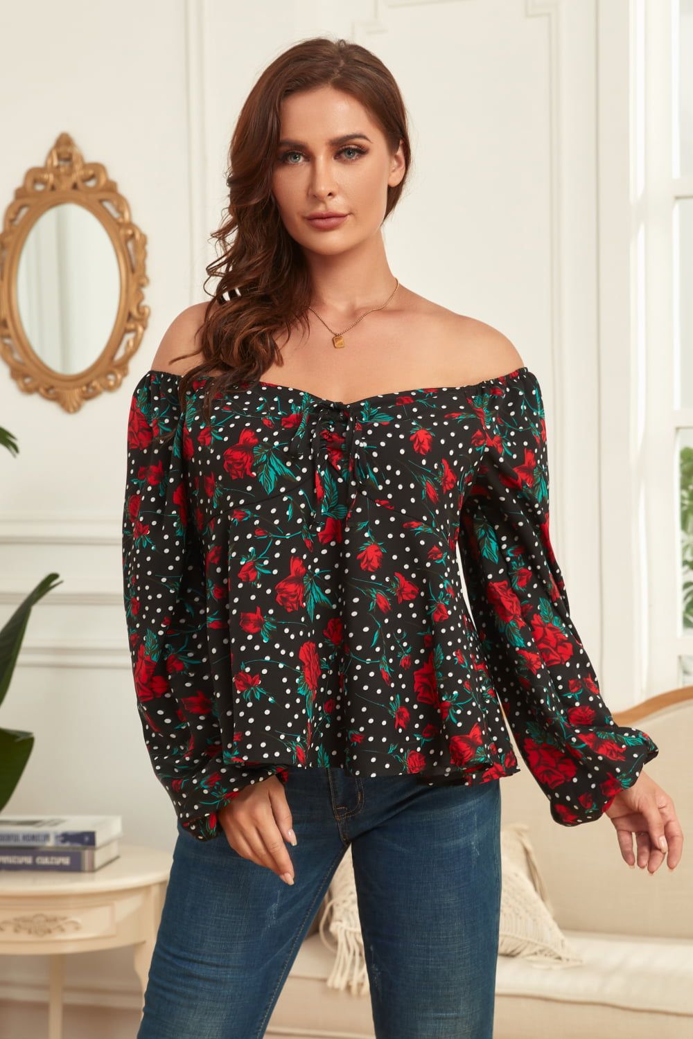 Melo Apparel Plus Size Floral Balloon Sleeve Blouse.