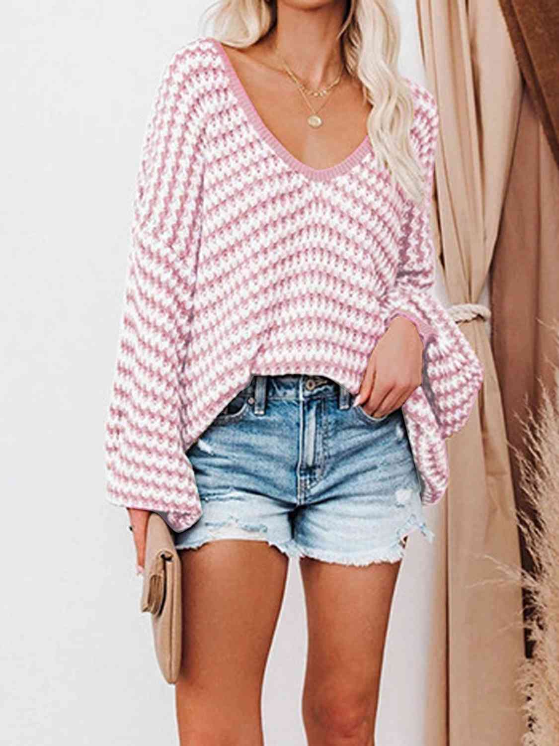 Striped Drop Shoulder V-Neck Sweater - By Baano