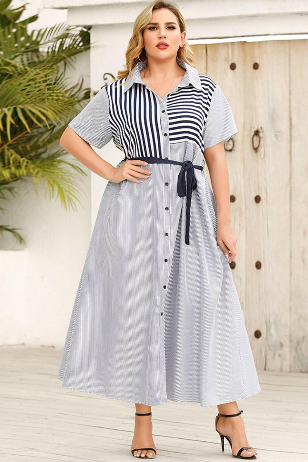 Plus Size Striped Belted Button-Up Shirt Dress - By Baano