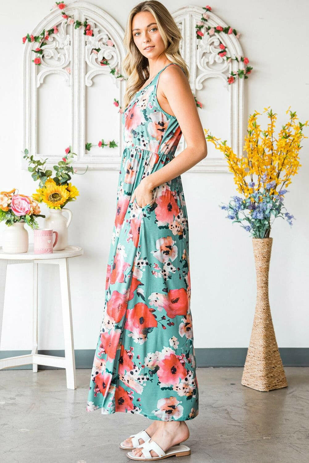 Floral Sleeveless Maxi Dress with Pockets - By Baano