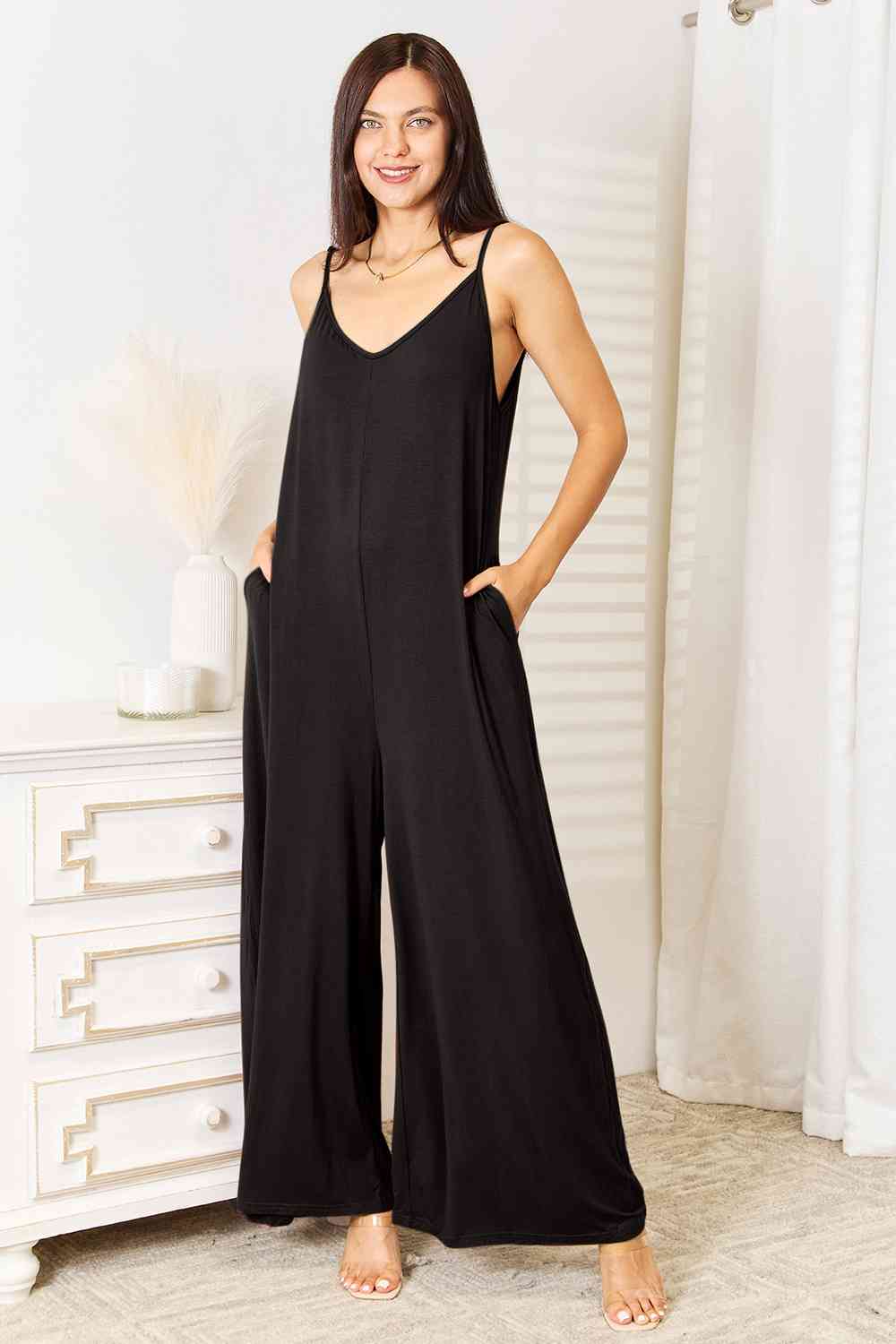 Double Take Full Size Soft Rayon Spaghetti Strap Tied Wide Leg Jumpsuit - By Baano