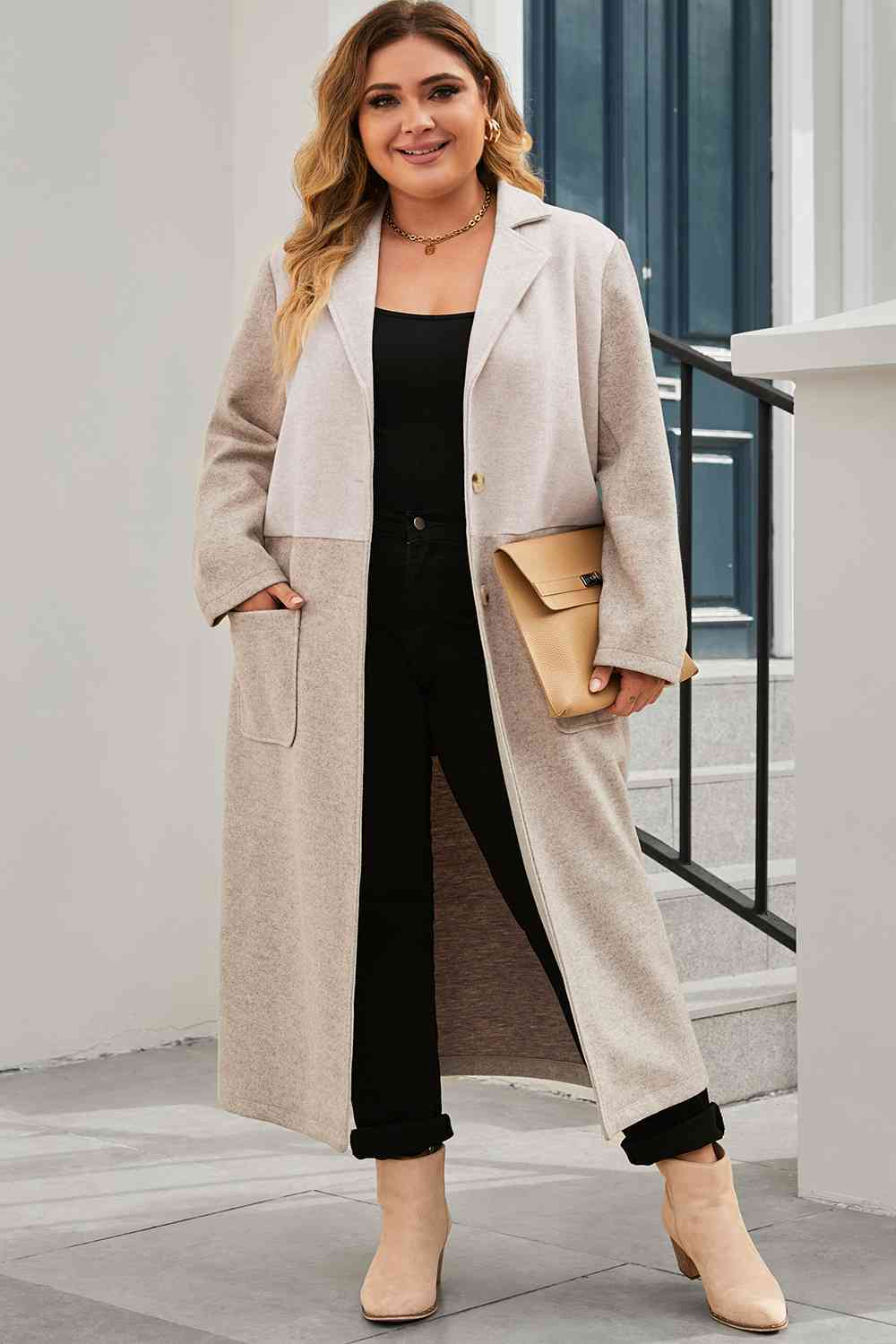 Plus Size Collared Neck Buttoned Longline Coat - By Baano