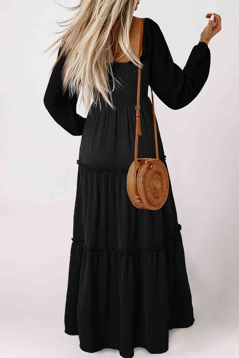 Square Neck Long Sleeve Tiered Dress - By Baano