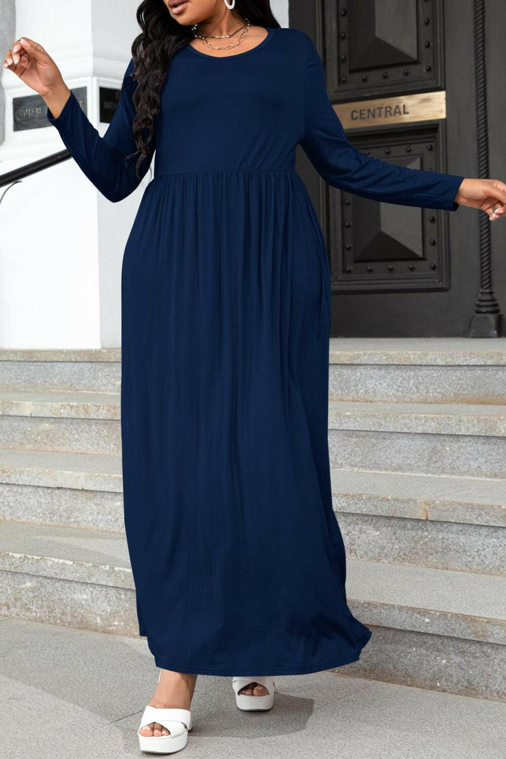 Plus Size Round Neck Long Sleeve Maxi Dress with Pockets - By Baano