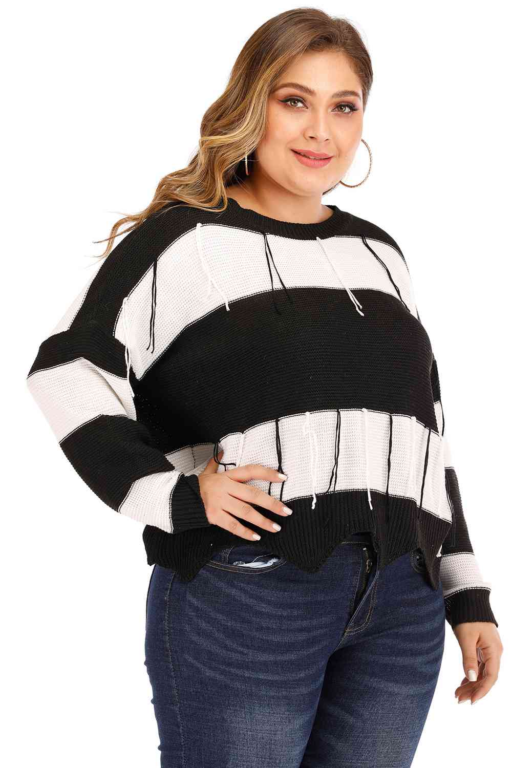 Plus Size Drop Shoulder Color Block Sweater - By Baano