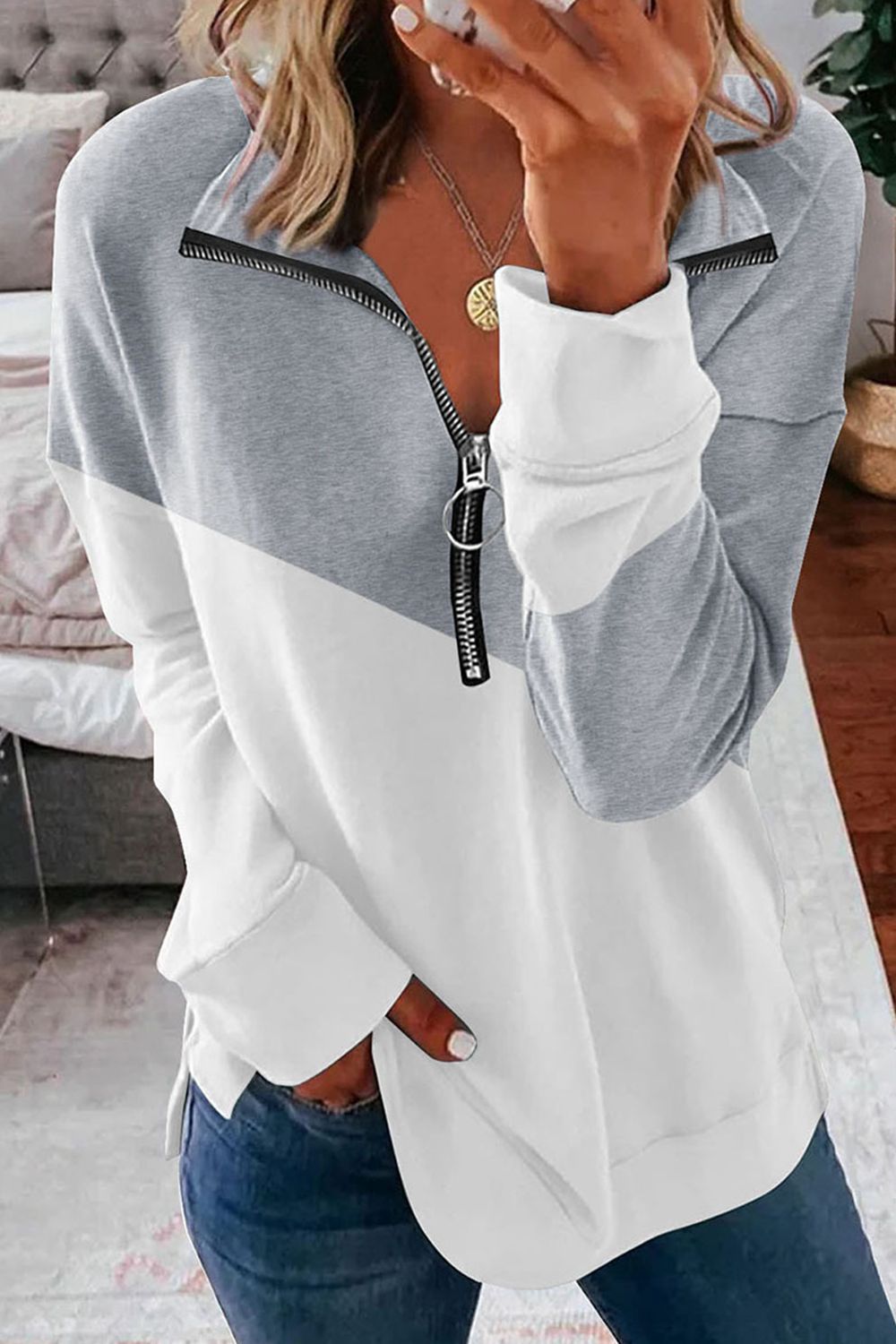 Contrast Zip-Up Collared Neck Dropped Shoulder Blouse - By Baano