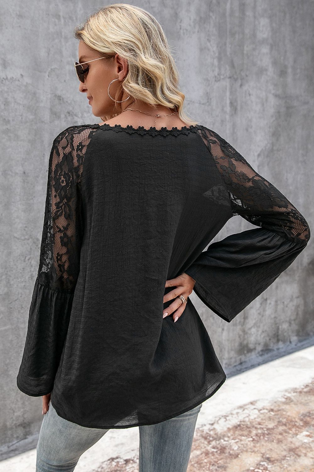 V-Neck Spliced Lace Flare Sleeve Top.