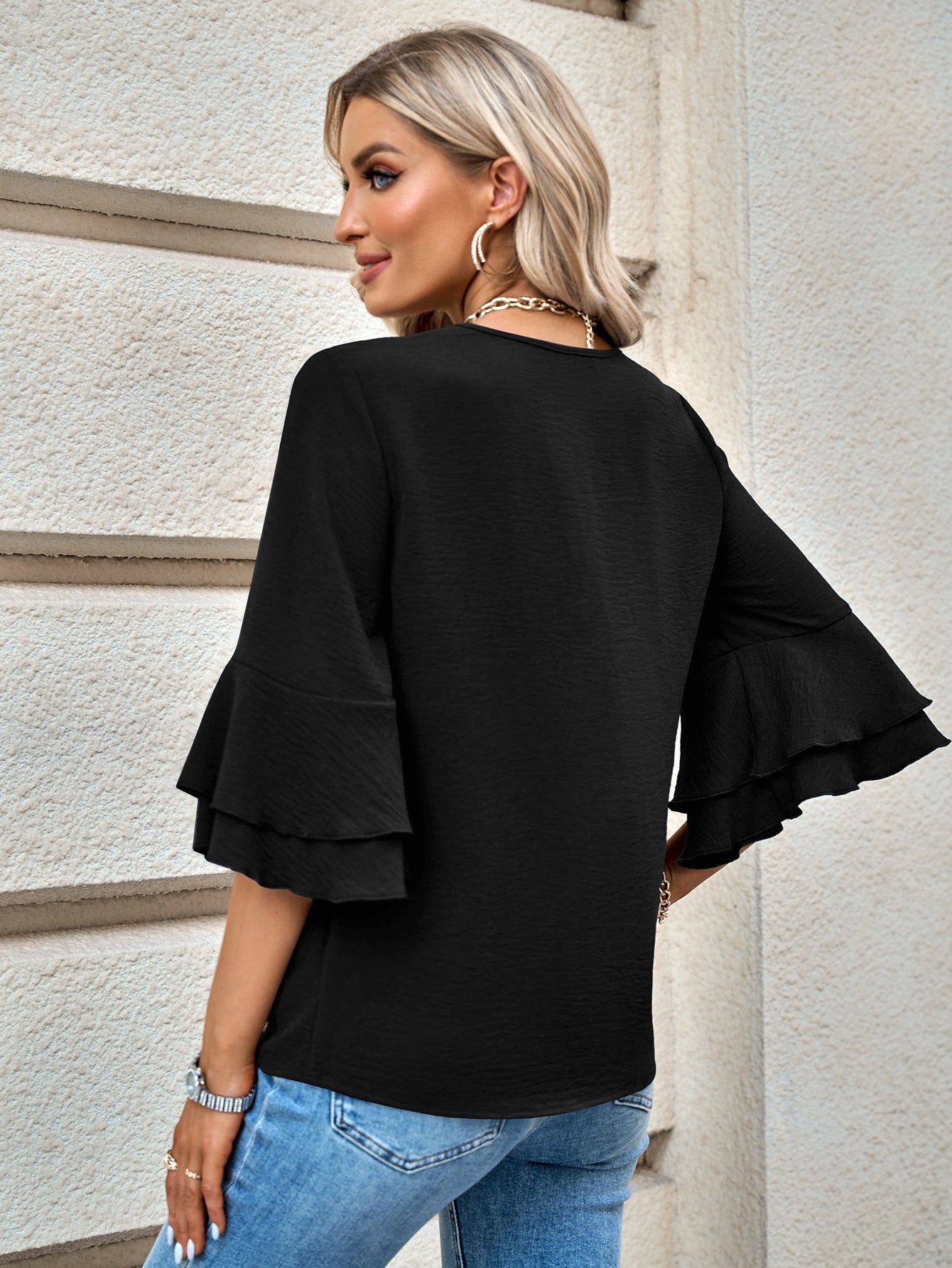 Layered Flare Sleeve Textured V-Neck Blouse - By Baano