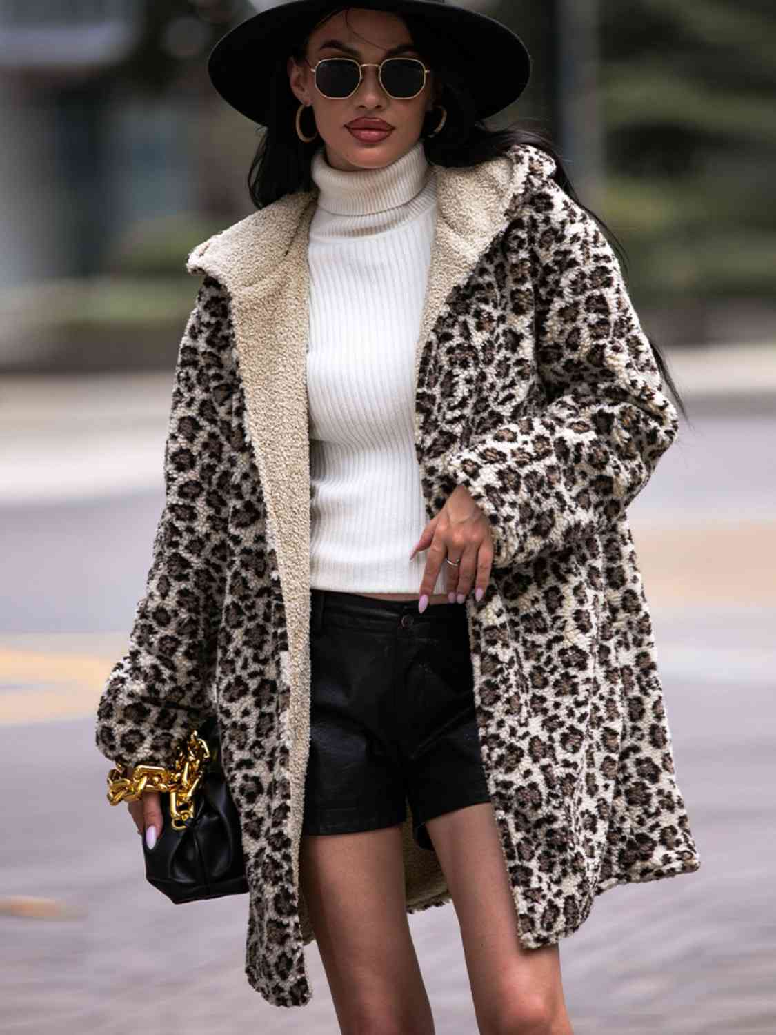 Leopard Hooded Coat with Pockets - By Baano