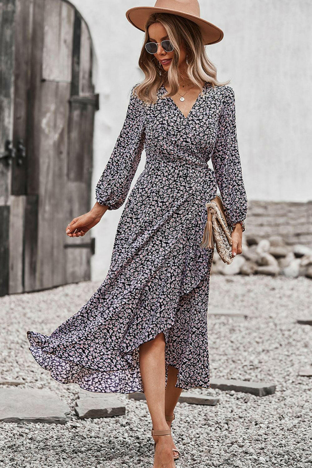 Floral Surplice Neck Long Sleeve Dress - By Baano