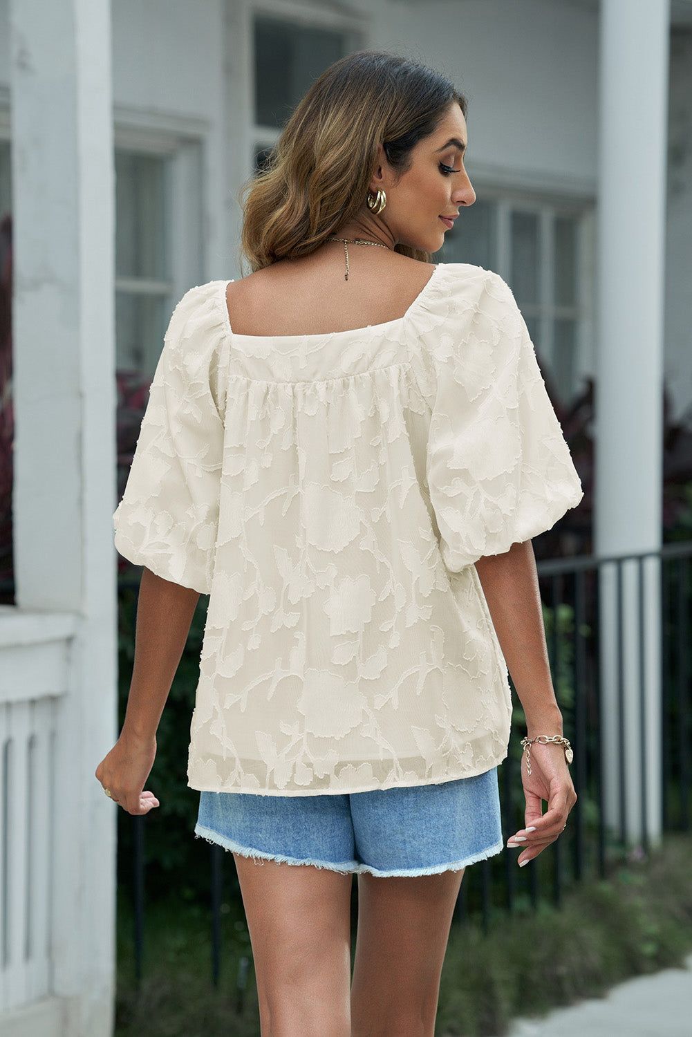 Applique Puff Sleeve Square Neck Blouse - By Baano