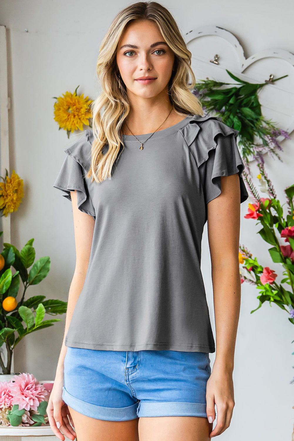 Layered Flutter Sleeve Round Neck Top - By Baano