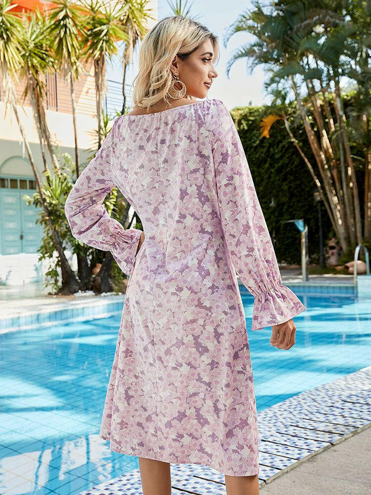 Floral Boat Neck Flounce Sleeve Dress - By Baano