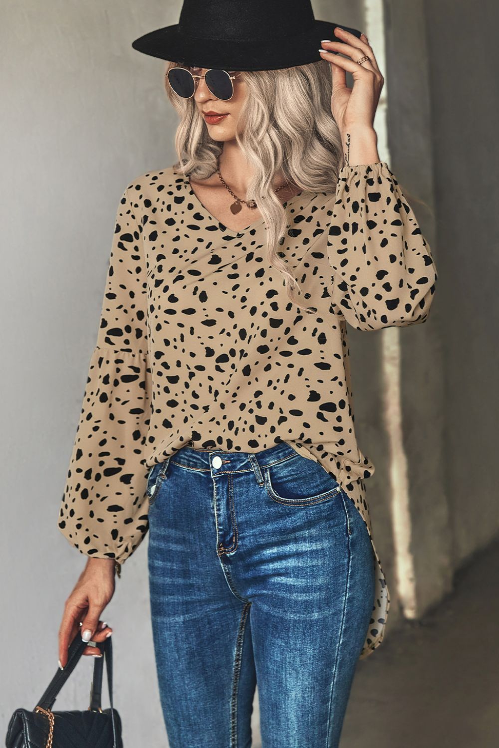 Animal Print V-Neck High-Low Blouse - By Baano