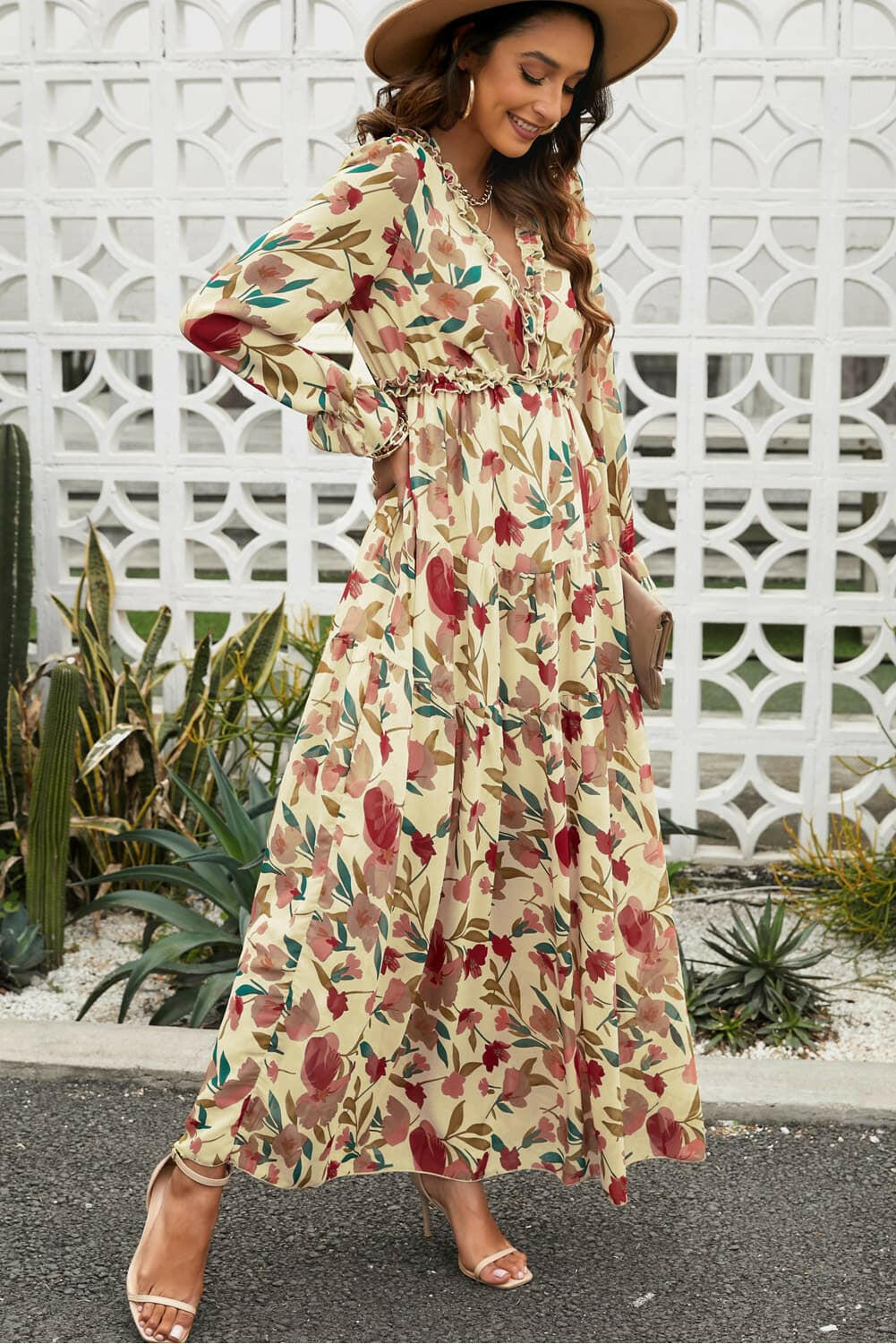Floral Frill Trim Flounce Sleeve Plunge Maxi Dress.