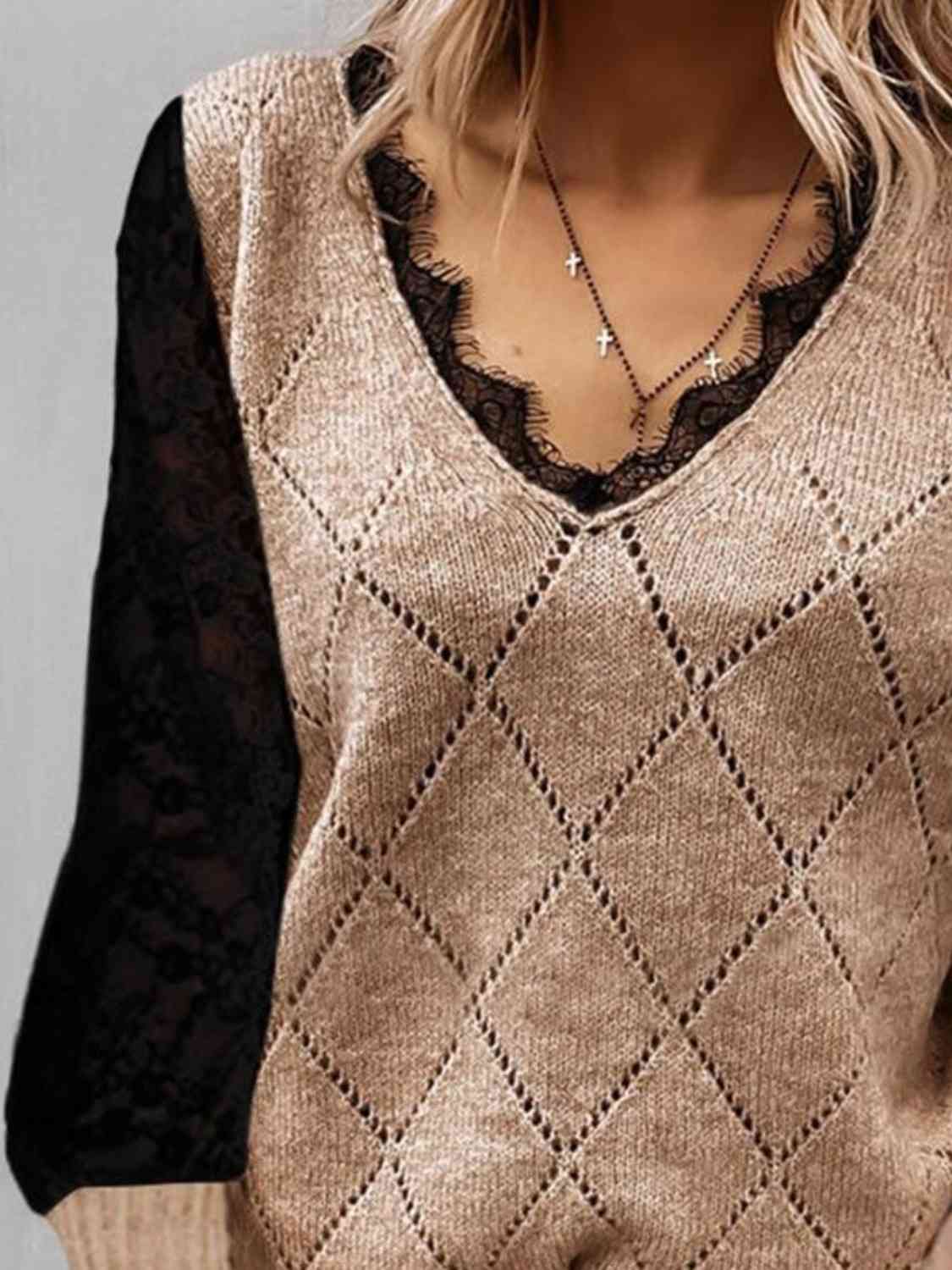 Lace Decor V Neck Two Tone Sweater - By Baano
