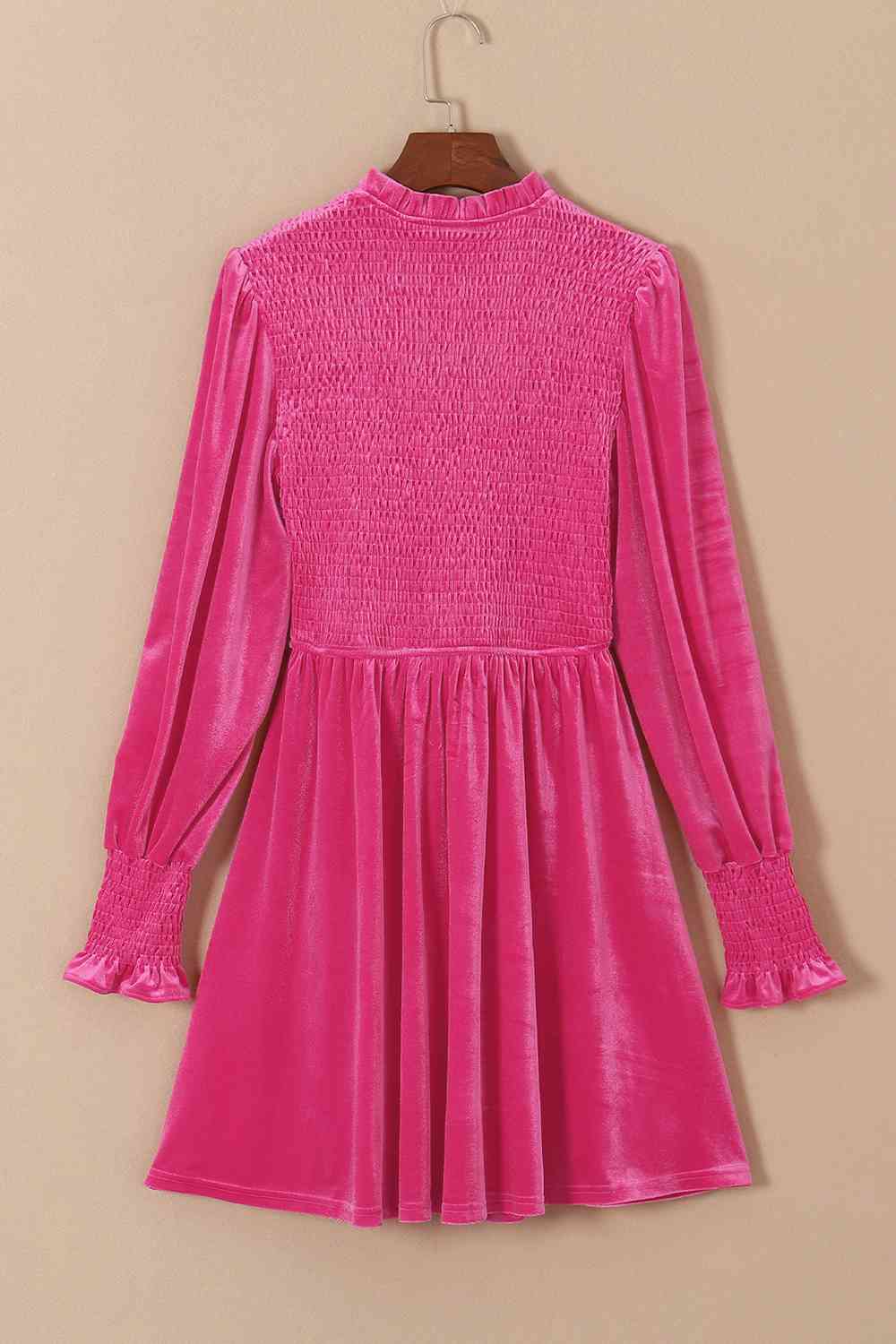 Smocked Round Neck Long Sleeve Dress - By Baano