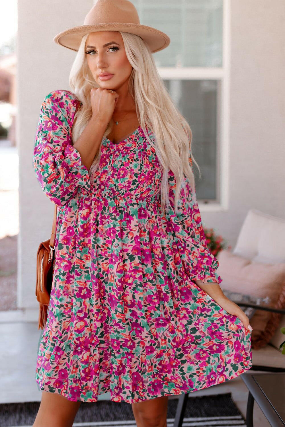 Floral Smocked V-Neck Flounce Sleeve Dress - By Baano