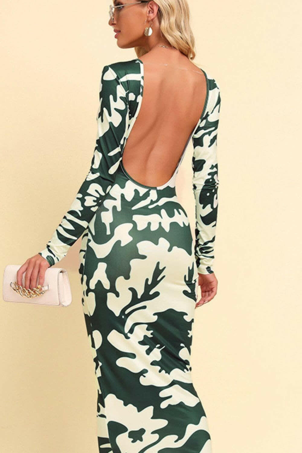 Printed Backless Long Sleeve Maxi Dress.