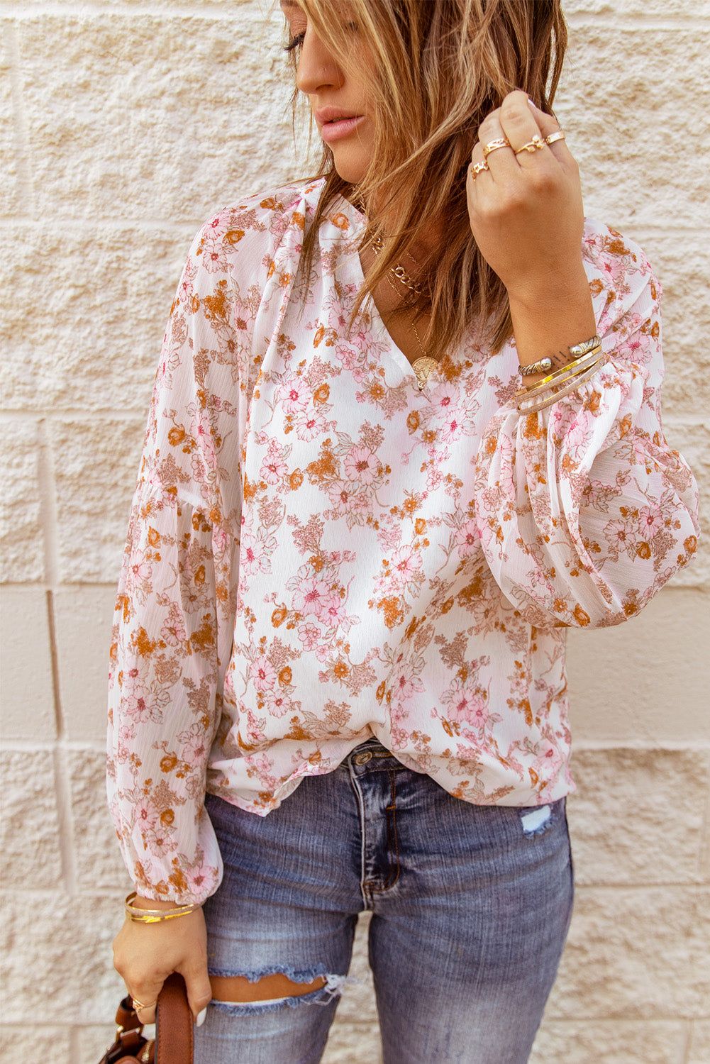 Floral Balloon Sleeve Notched Neck Blouse - By Baano