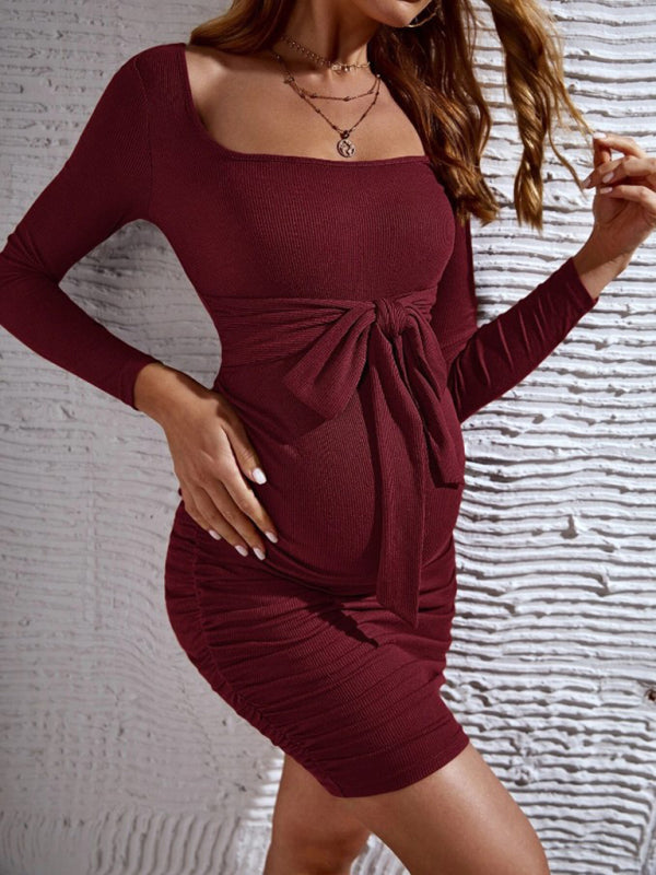 Women’s Tie Front Square Neckline pullover Style Ruched Sides Maternity Dress - By Baano